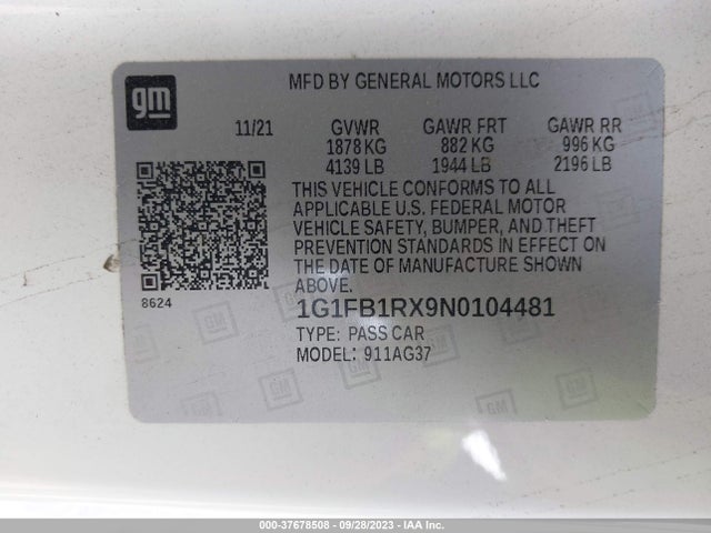 Chevrolet Camaro 1lt 2022 1G1FB1RX9N0104481 Image 9