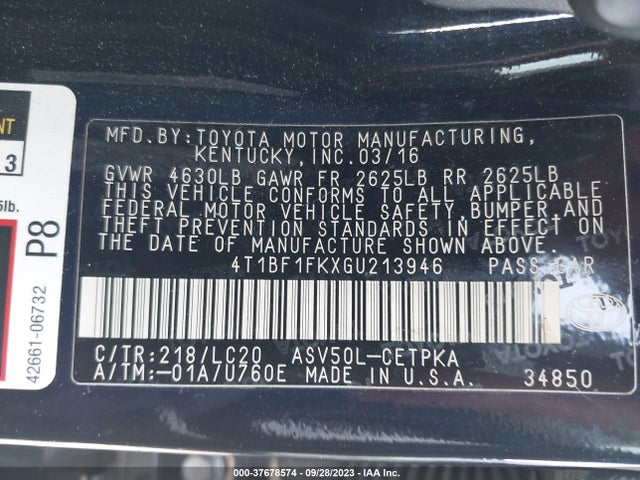 Toyota CAMRY XSE 2016 4T1BF1FKXGU213946 Image 9