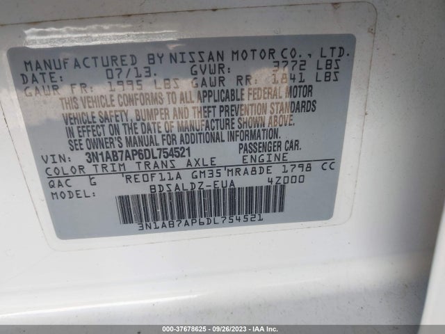 2013 NISSAN SENTRA SV VIN: 3N1AB7AP6DL754521