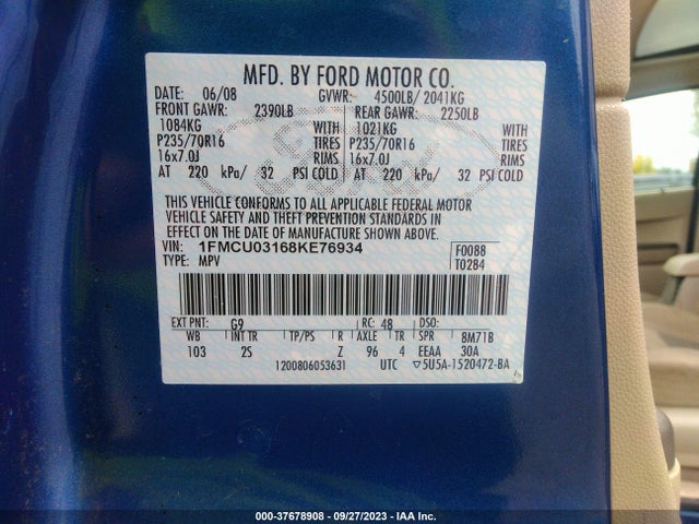 2008 FORD ESCAPE XLT VIN: 1FMCU03168KE76934
