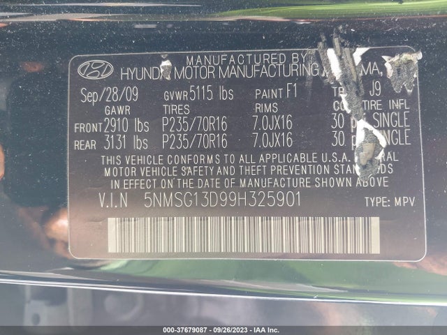 2009 HYUNDAI SANTA FE GLS VIN: 5NMSG13D99H325901