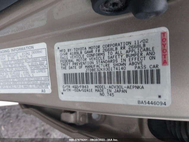 2003 TOYOTA CAMRY LE/SE/XLE VIN: JTDBE32K830174140