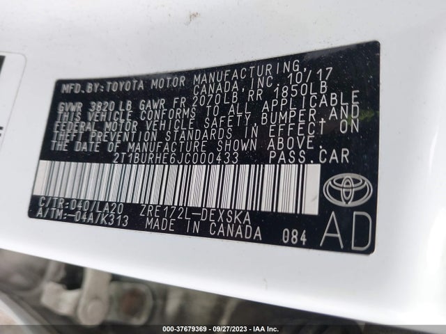 2018 TOYOTA COROLLA L/LE/XLE/SE/XSE VIN: 2T1BURHE6JC000433