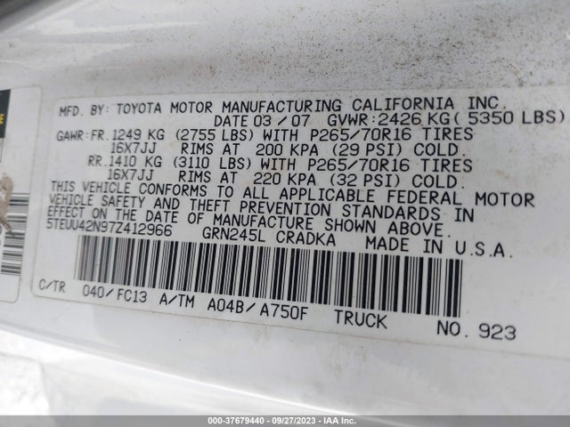 Продажа на аукционе авто 2007 Toyota Tacoma, vin: 5TEUU42N97Z412966, номер лота: 37679440