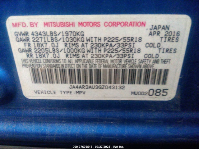 JA4AR3AU3GZ043132 Mitsubishi Outlander Sport 2.0 Es