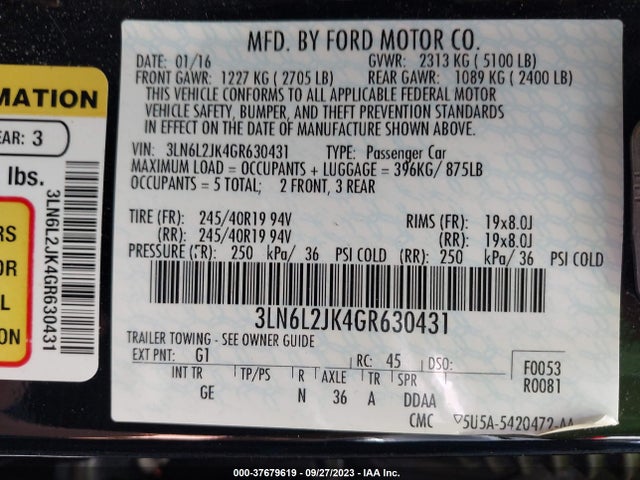 Lincoln MKZ 2016 3LN6L2JK4GR630431 Image 9