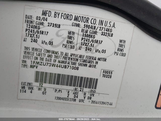 2004 FORD EXPLORER XLT/XLT SPORT/NBX VIN: 1FMZU73W44UB71008