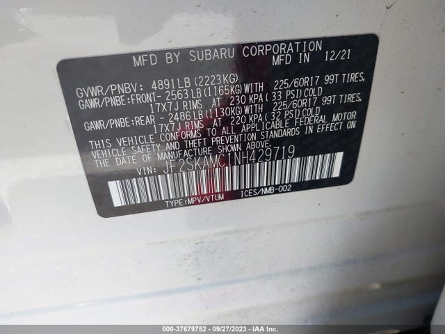 2022 SUBARU FORESTER WILDERNESS VIN: JF2SKAMC1NH429719
