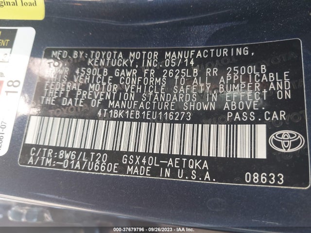 2014 TOYOTA AVALON XLE TOURING VIN: 4T1BK1EB1EU116273