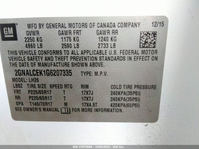 Chevrolet EQUINOX LT 2016 2GNALCEK1G6207335 Image 9