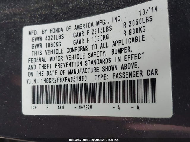 Honda Accord Ex-l 2015 1HGCR2F8XFA051960 Image 9
