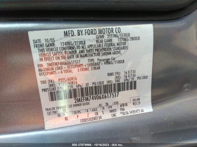 2006 MERCURY GRAND MARQUIS GS VIN: 2MEFM74V06X617517