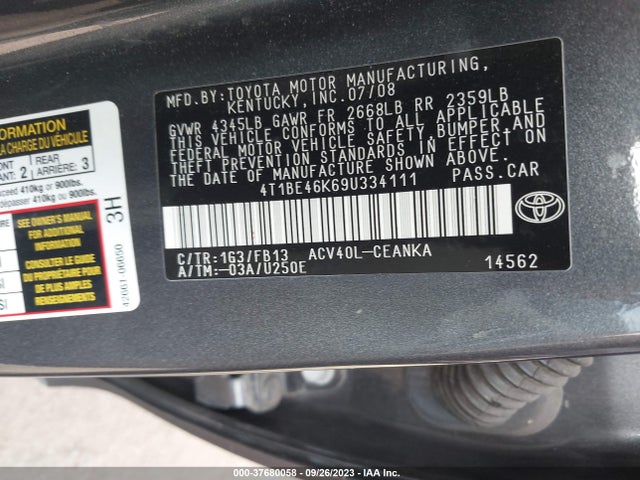 2009 TOYOTA CAMRY LE VIN: 4T1BE46K69U334111