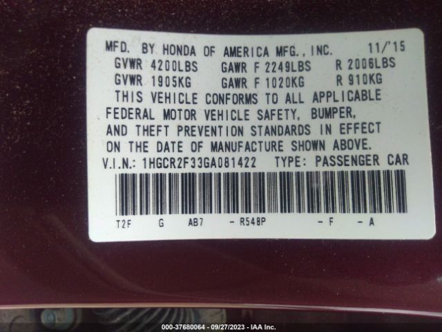1HGCR2F33GA081422 Honda Accord Sedan Lx
