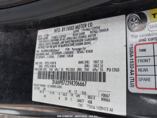2009 FORD FUSION SE VIN: 3FAHP07Z29R206667