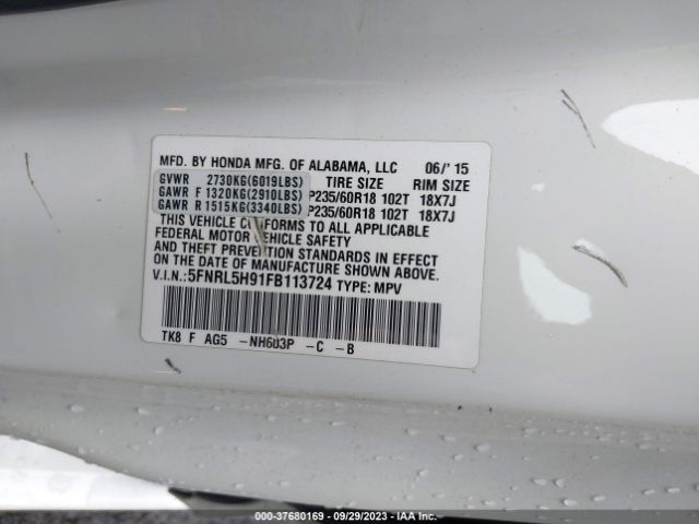 5FNRL5H91FB113724 Honda Odyssey Touring
