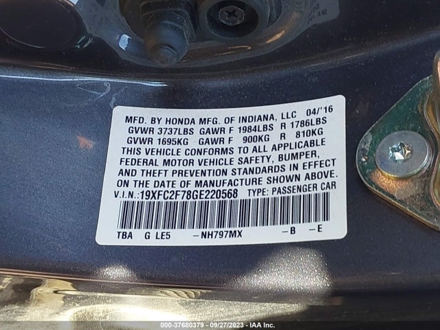 2016 HONDA CIVIC SEDAN EX VIN: 19XFC2F78GE220568