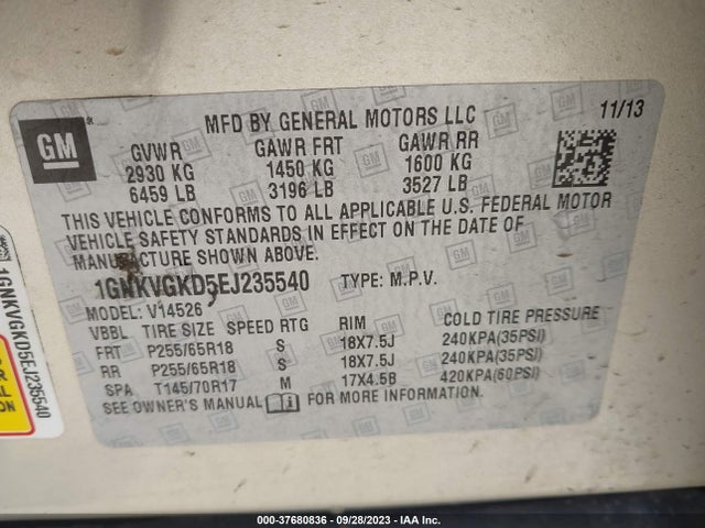 Chevrolet Traverse Lt 2014 1GNKVGKD5EJ235540 Image 9