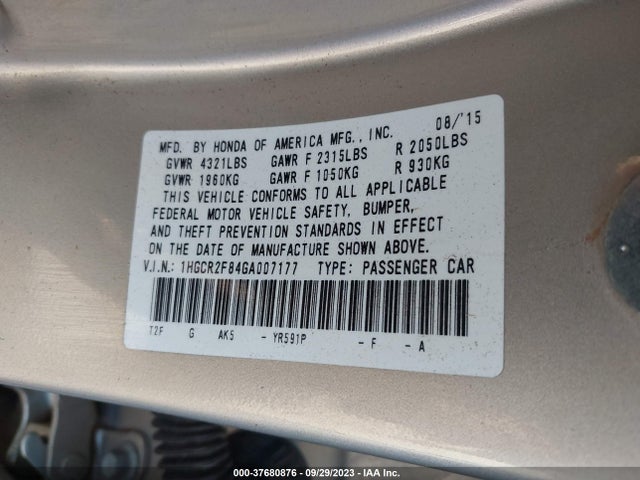 2016 HONDA ACCORD SEDAN EX-L VIN: 1HGCR2F84GA007177
