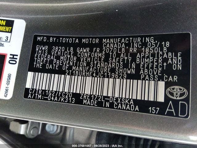 2018 TOYOTA COROLLA L/LE/XLE/SE/XSE VIN: 2T1BURHE4JC119629
