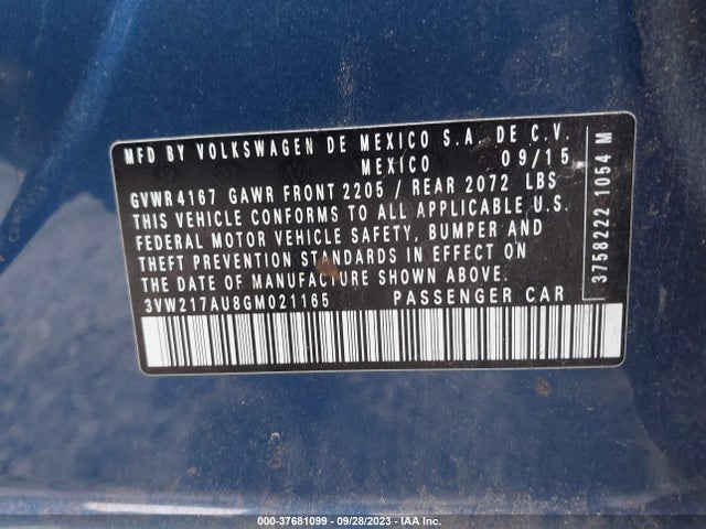3VW217AU8GM021165 Volkswagen Golf Tsi S W/sunroof