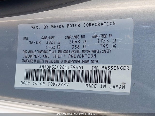 2008 MAZDA MAZDA3 I TOURING VALUE VIN: JM1BK32F281179461
