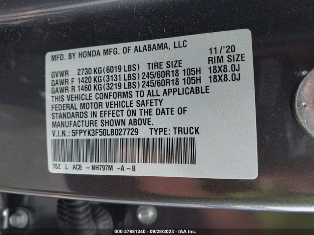 Honda Ridgeline Rtl 2020 5FPYK3F50LB027729 Image 9