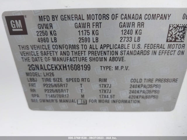2017 CHEVROLET EQUINOX LT VIN: 2GNALCEKXH1608199