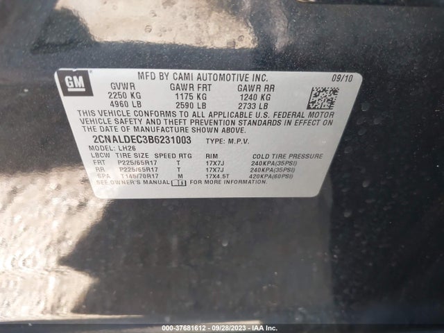 2011 CHEVROLET EQUINOX LT W/1LT VIN: 2CNALDEC3B6231003