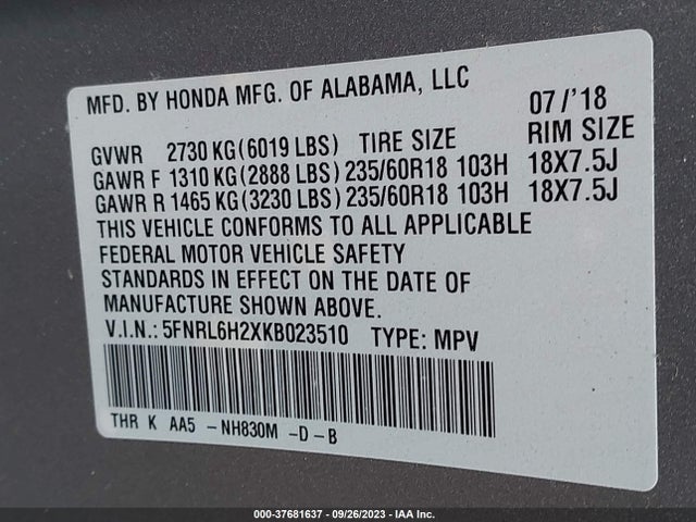 Honda ODYSSEY LX 2019 5FNRL6H2XKB023510 Image 9