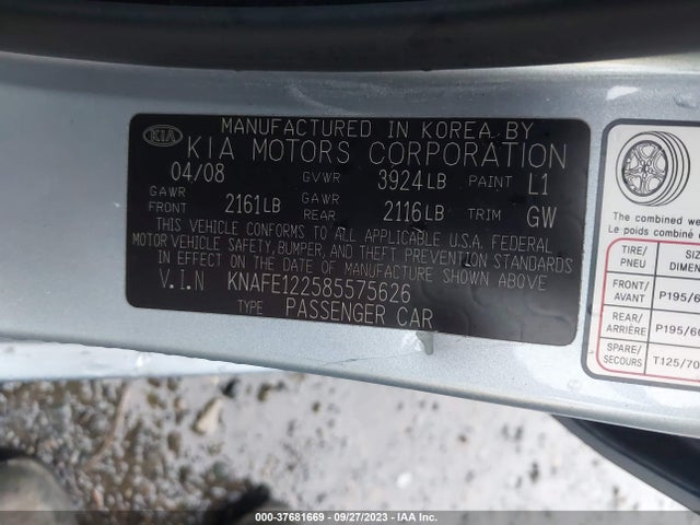 2008 KIA SPECTRA LX VIN: KNAFE122585575626