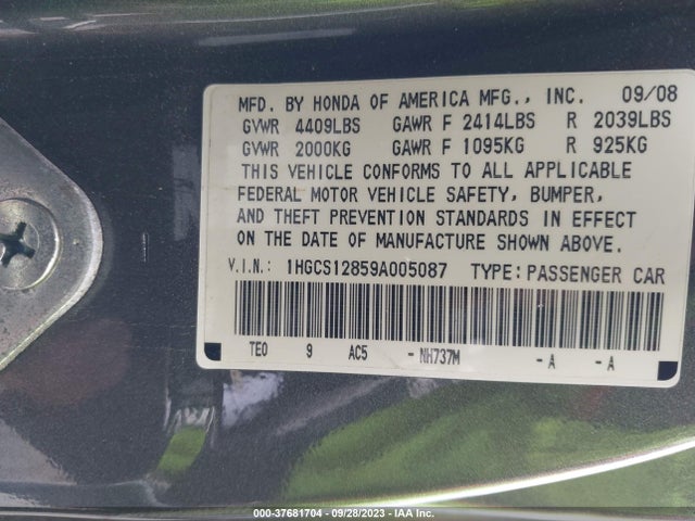 2009 HONDA ACCORD CPE EX-L VIN: 1HGCS12859A005087