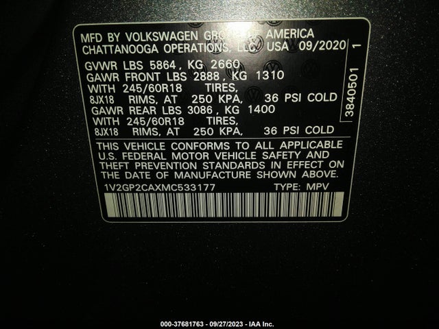 1V2GP2CAXMC533177 Volkswagen Atlas 2.0t S