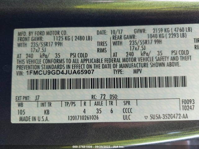 Ford ESCAPE SE 2018 1FMCU9GD4JUA65907 Image 9