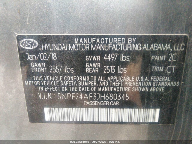 2018 HYUNDAI SONATA SE VIN: 5NPE24AF3JH680345
