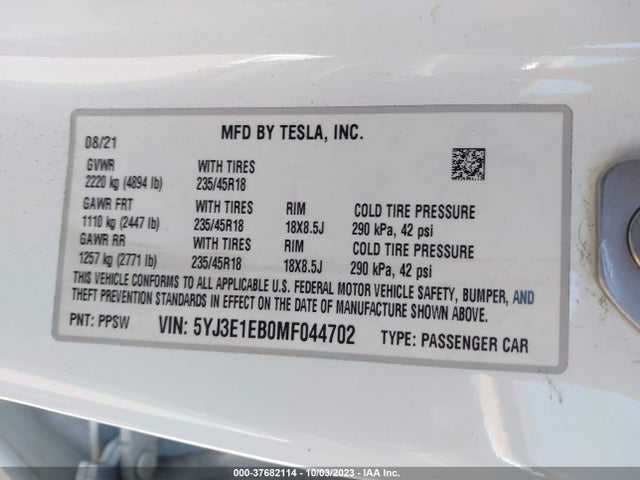 Tesla Model 3 Long Range 2021 5YJ3E1EB0MF044702 Image 9