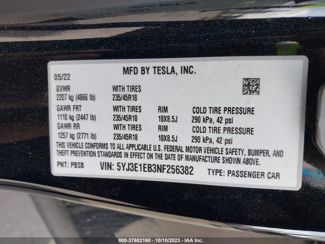 2022 TESLA MODEL 3 LONG RANGE DUAL MOTOR ALL-WHEEL DRIVE VIN: 5YJ3E1EB3NF256382