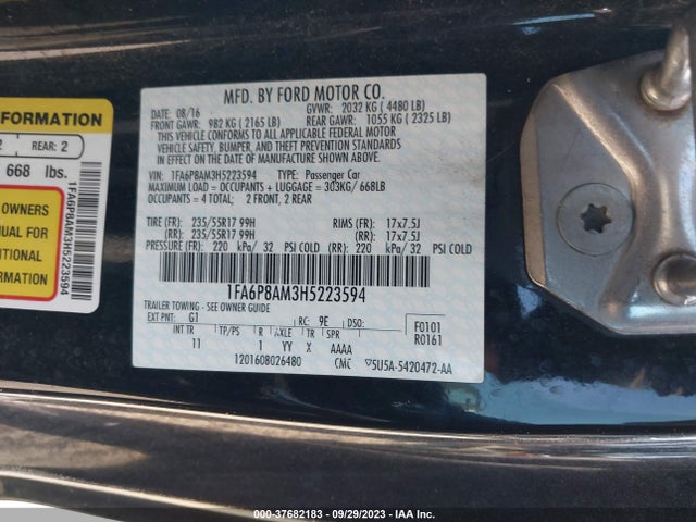 2017 FORD MUSTANG V6 VIN: 1FA6P8AM3H5223594