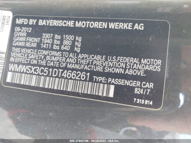 2013 MINI COOPER COUPE S VIN: WMWSX3C51DT466261