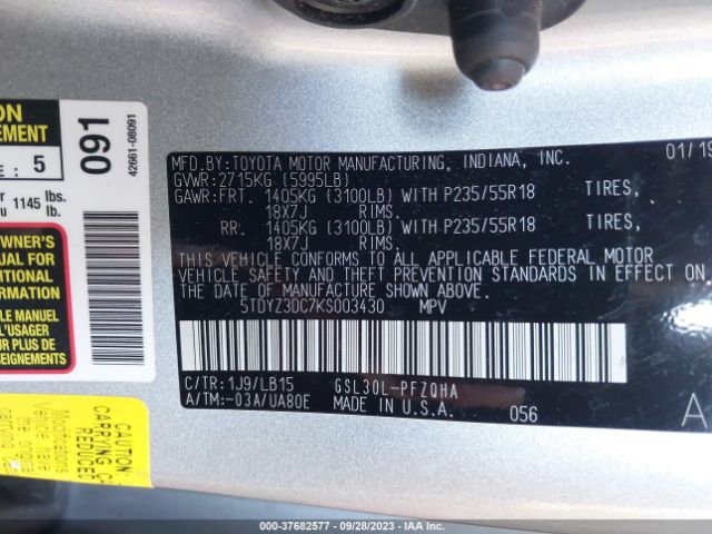 5TDYZ3DC7KS003430 Toyota Sienna Limited Premium 7 Passenger
