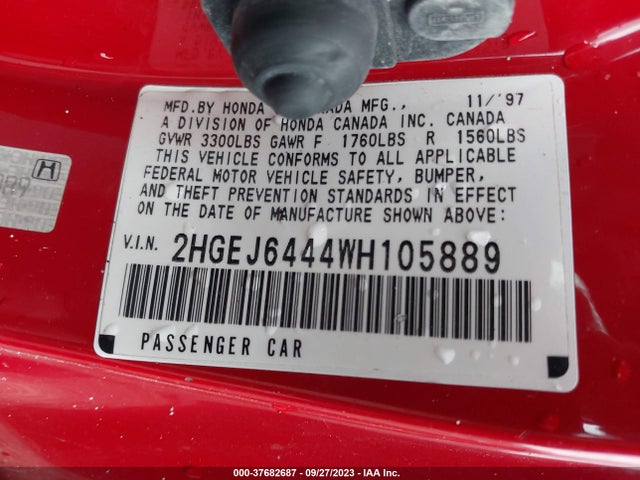 1998 HONDA CIVIC DX VIN: 2HGEJ6444WH105889
