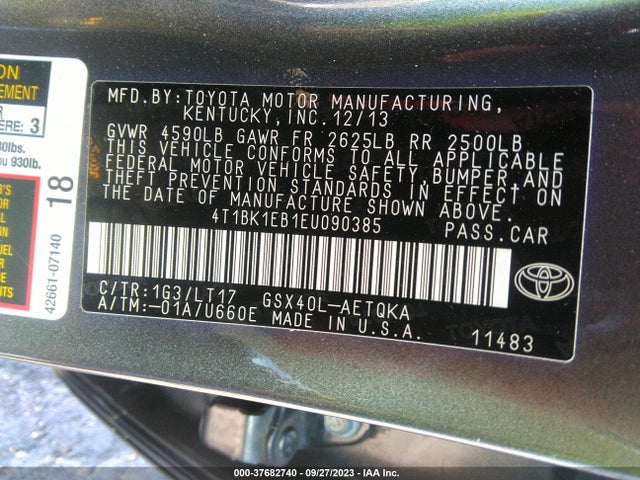 2014 TOYOTA AVALON XLE TOURING VIN: 4T1BK1EB1EU090385