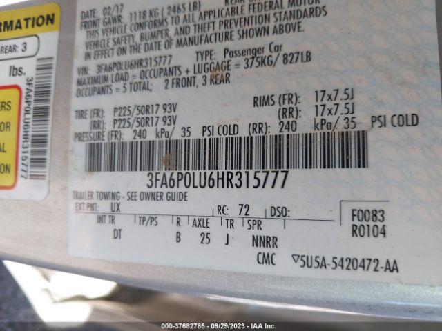 3FA6P0LU6HR315777 Ford Fusion Hybrid Se