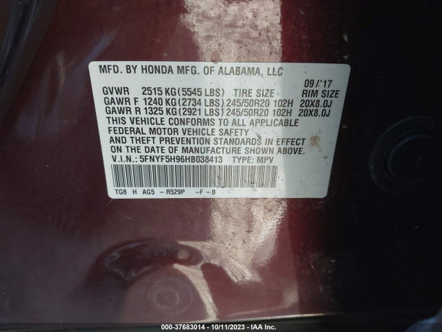 Honda Pilot Touring 2017 5FNYF5H96HB038413 Image 9