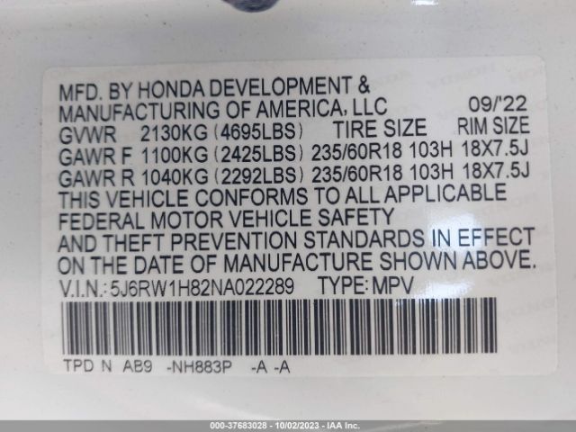 5J6RW1H82NA022289 Honda Cr-v Ex-l