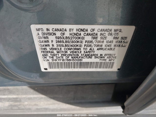 2006 HONDA PILOT EX-L WITH NAVI VIN: 2HKYF18766H501351