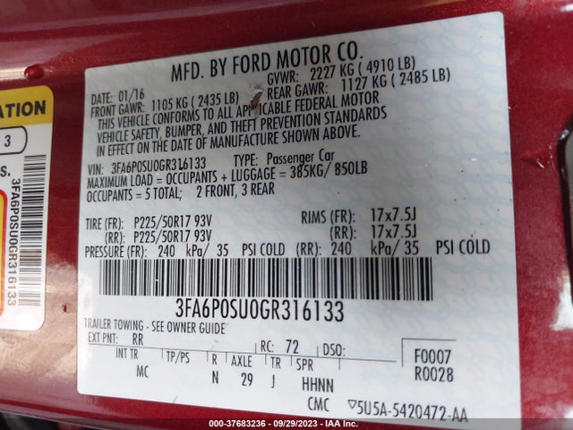 Ford Fusion Energi Titanium 2016 3FA6P0SU0GR316133 Image 9