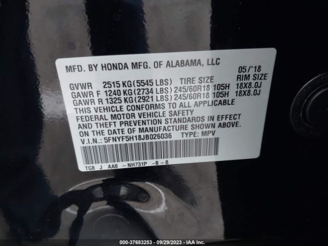 5FNYF5H18JB026036 Honda PILOT LX
