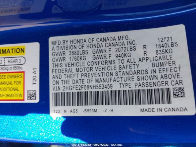 2HGFE2F58NH553459 Honda Civic Sedan Sport