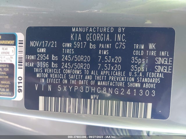 2022 KIA TELLURIDE EX VIN: 5XYP3DHC8NG241303